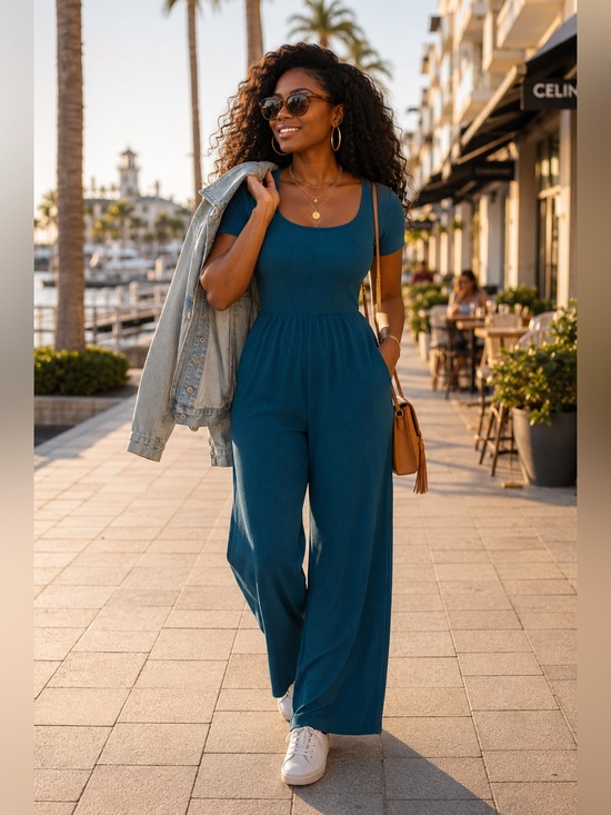PrettyGarden Pants - PrettyGarden Teal Ribbed Wide Leg Jumpsuit Women’s Large Short Sleeve